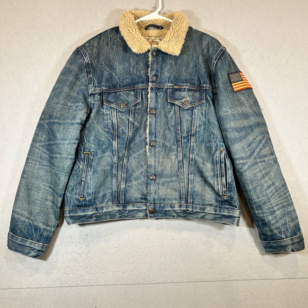 Polo Ralph Lauren Jacket Mens Large Sherpa Lined Denim Trucker Blue Flag Patch